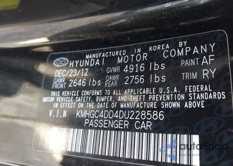 2013 Hyundai Genesis 3.8 from USA, damaged, VIN KMHGC4DD4DU228586